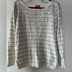 Elle women’s white with grey stripe and sparkles sweater - L - crew neck - GUC